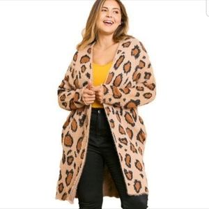Umgee Latte cheetah print long sleeve fuzzy long open front sweater cardigan